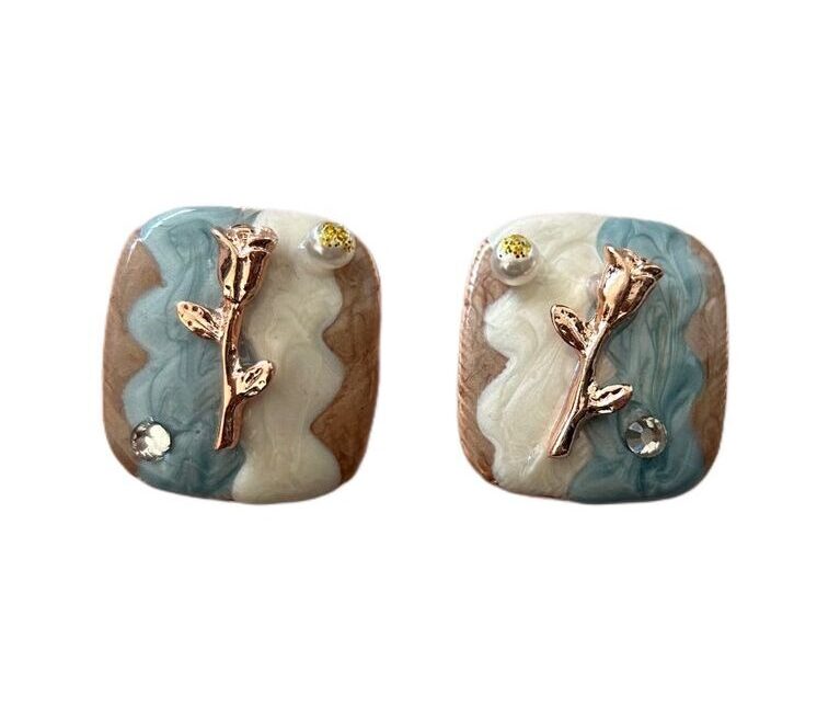 Elegant Korean Style Flower Gold Plated Cream Silver Olive Blue Ear Studs