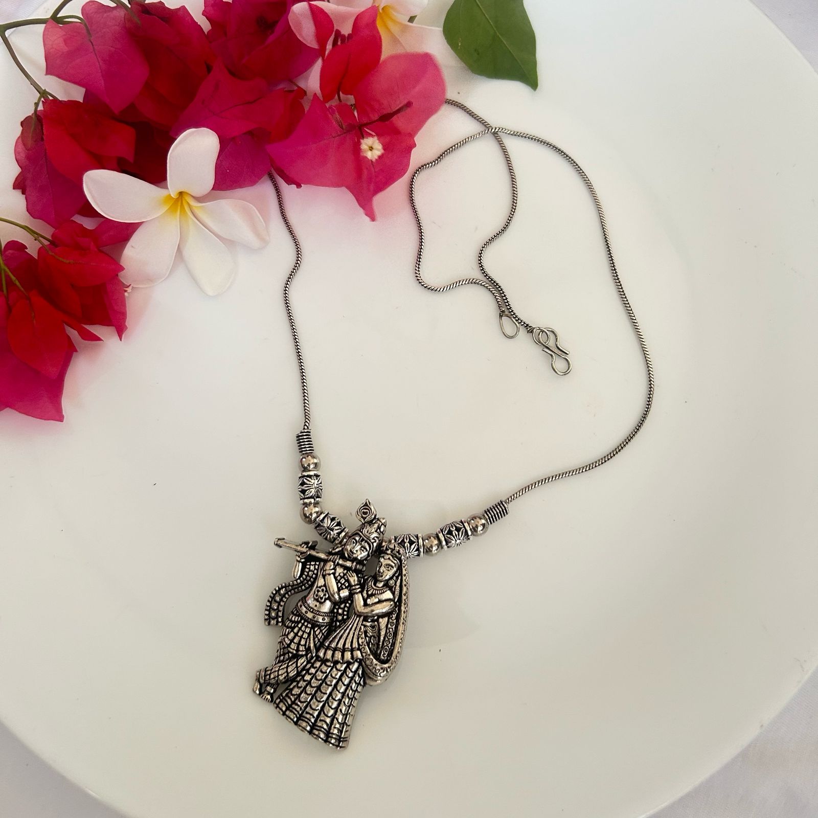 Silver-Tone Radha Krishna Standing Neckpiece