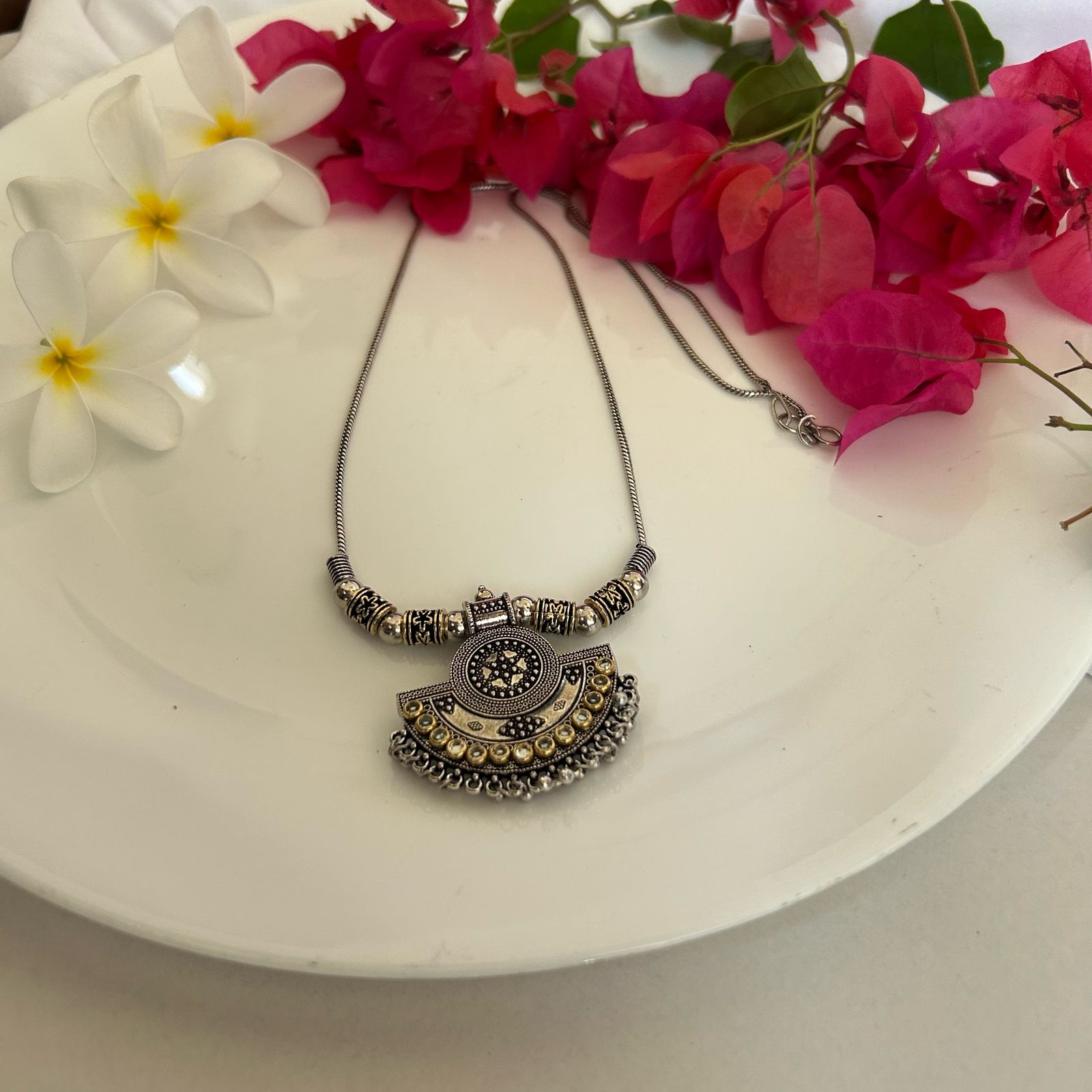 Oxidized Silver Desert Moon with White Pearls Neckpiece