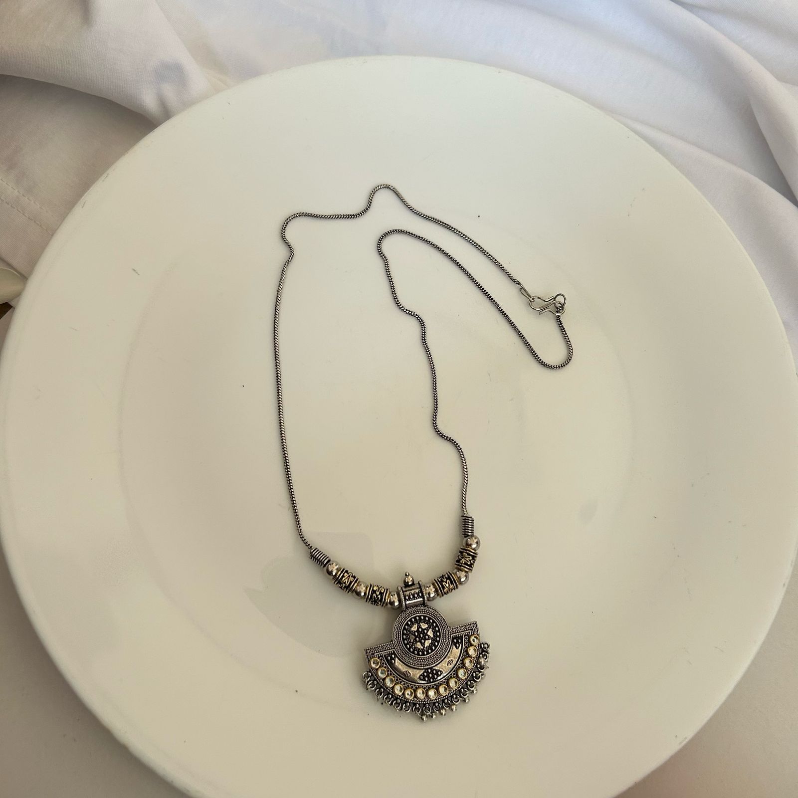 Oxidized Silver Desert Moon with White Pearls Neckpiece - Image 2