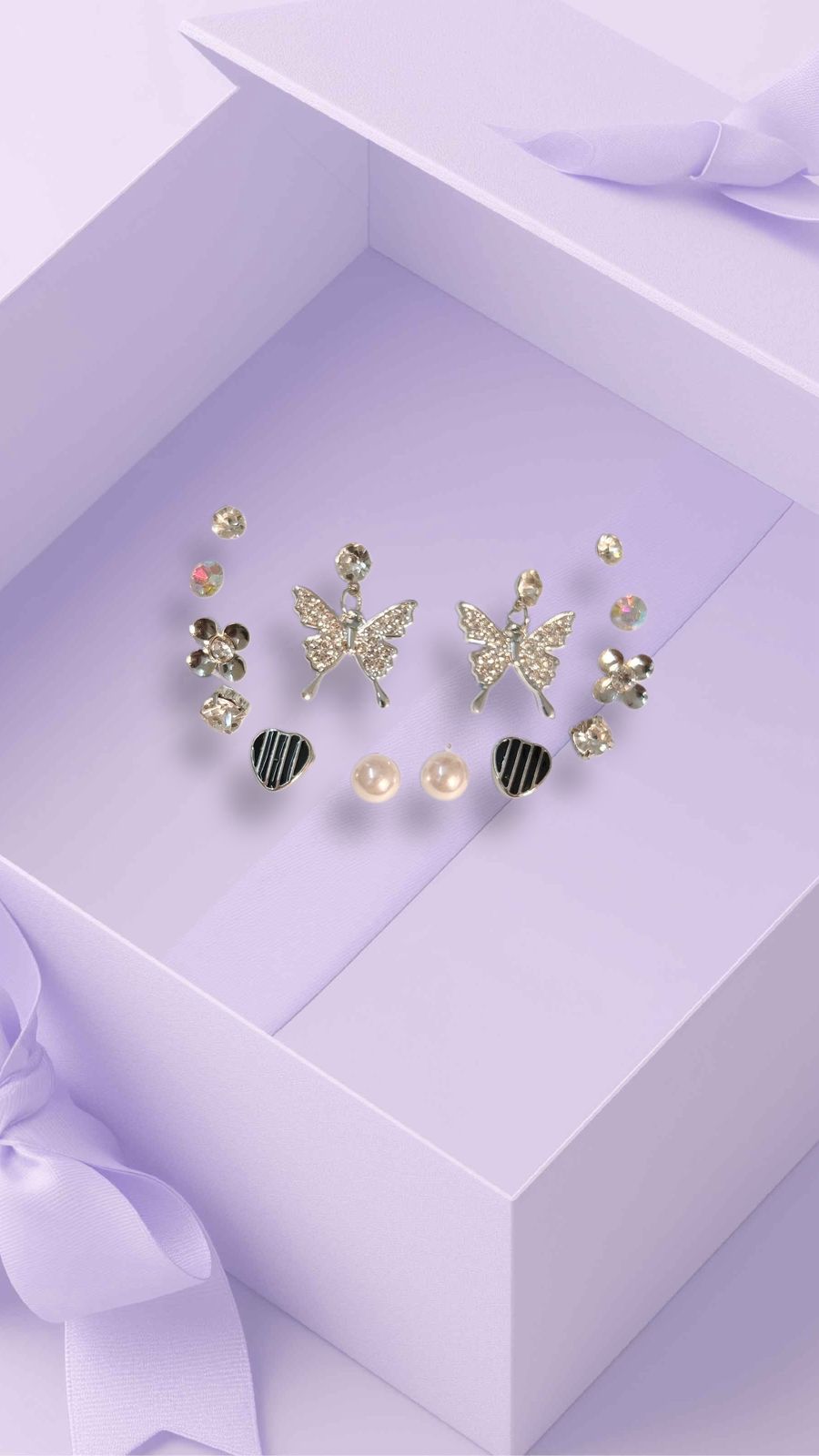 Korean Elegant Combo: 7-Piece Silver Butterfly Earring Set - Image 2