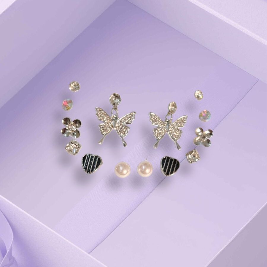 Korean Elegant Combo: 7-Piece Silver Butterfly Earring Set